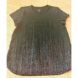 J. Jill cotton‎ spandex petite short sleeve top. Black w/ blue, purple, pink. M